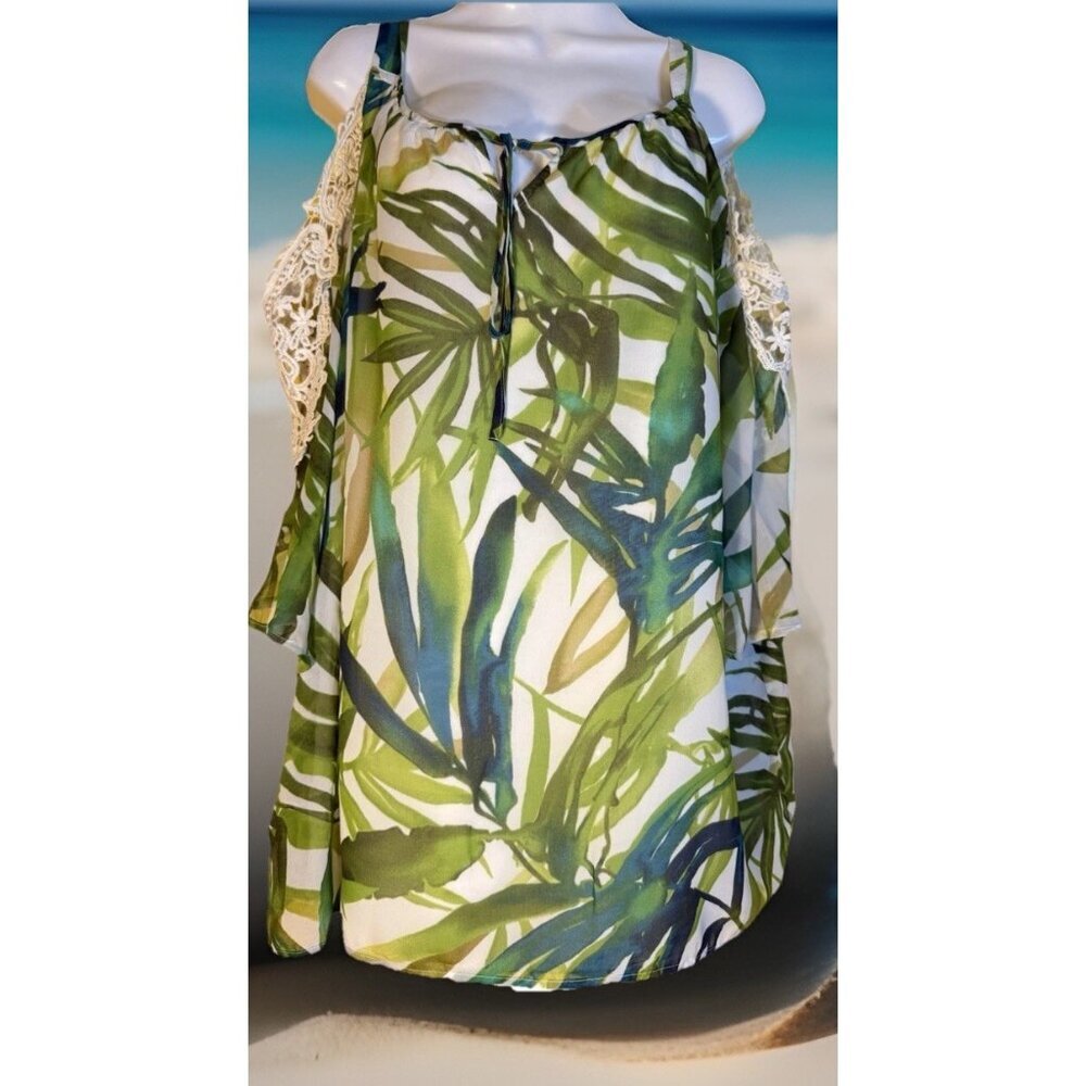 Chico's Women's Blouse  Size 3 Tropical Sheer Top‎ Cold Shoulder